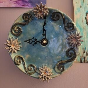 Ceramic Boho Clock Floral Handmade Unique Pretty Gifts Woodland Hippie Blue